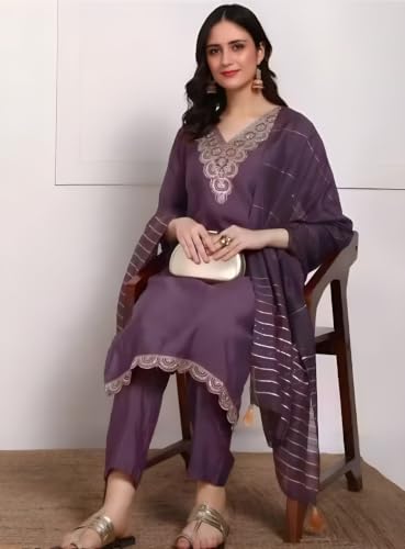 Image of Women's Viscose Rayon Embroidered Kurta Pant Set with Dupatta