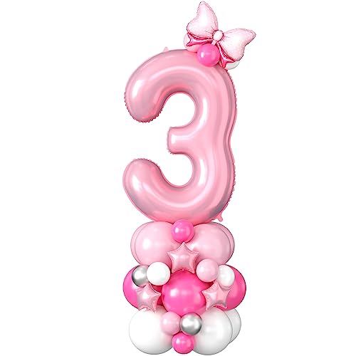 Image of 40 Inch Pink Number 3 Balloon Tower 3rd Birthday Decorations for Girls