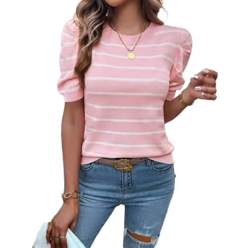 Sumleno Womens Puff Short Sleeve Sweaters Trendy Striped Pattern Short Sleeve Crew Neck Tops Soft Casual Work Knit Pullover