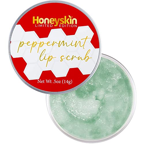 Honeyskin Peppermint Lip Scrub - Gentle Lip Exfoliator, Natural Lip Moisturizer for Very Dry Lips, Lip Repair for Chapped Lips, Lip Sugar Scrub with Shea Butter - Lip Plumper with Vitamin E (0.5oz)