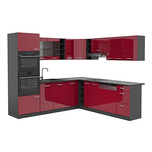 Vicco Eckküche R-Line, Rot Hochglanz, 247 x 46 cm ohne Arbeitsplatte, für Variable Küchenplanung und modulare Erweiterung