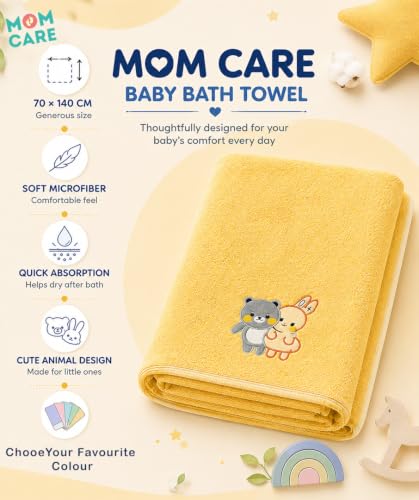 Image of MOM CARE Baby Kids Bath Towel 70x140 cm, Soft Microfiber, Quick Dry Yellow
