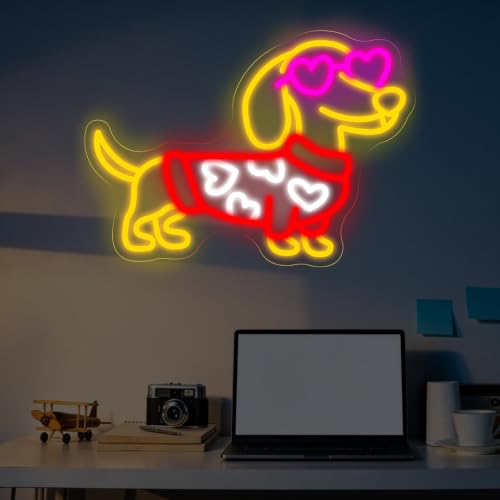 Image of Heart Dog Neon Sign Stylish Dachshund LED Light for Pet Lovers | Pet Room Decor Gift for Dog Mom USB Powered Dimmable Home Wall Room Decoration 16.5 inchx11.8 inch