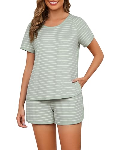 Image of Cotton Pajama Sets for Women 2 Piece Lounge Set Stripe Pj Set Loungewear Short Sleeve Top and Shorts with Pockets