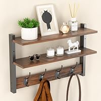 Orapoke Two-Tier Wall Shelf with Hooks, 17\" Coat Rack Wall Mount with Shelf, Key Hooks for Wall with Heavy Duty Double Hooks, Coat Hook Wall Mounted for Bedroom, Living Room, Rustic Brown