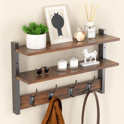 Two-Tier Wall Shelf with Hooks, 17" Coat Rack Wall Mount with She...
