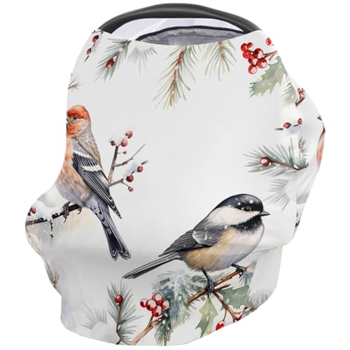 Nursing Cover for Breastfeeding Scarf, Christmas Bird Red Berries Pine Needles Branch Green Baby Car Covers Super Soft Multi Use for Canopy Shopping Cart Cover Blanket Stroller Cover