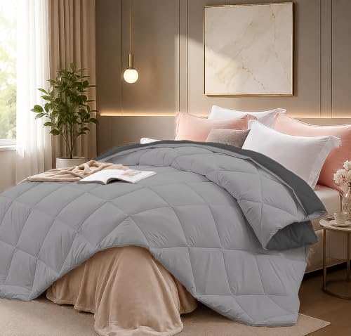 Image of Super Comfort Reversible Microfiber 400 GSM Comforter for Heavy Winter, Warm Quilted with Diamond Stitch, 92 x 106 Inches (233 x 269 cm), Cozy Comforter for King Size|Silver /Drak Grey