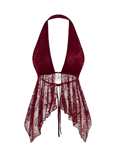 Milumia Women's Sexy Lace Backless Halter Top Y2k Sheer Mesh Rave Tops Going Out