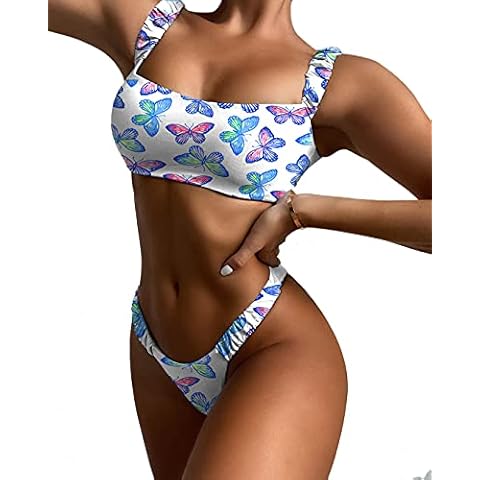 Women's Butterfly Print Bandeau Bikini Bathing Suit Swimsuits Thong Swimsuits Cover