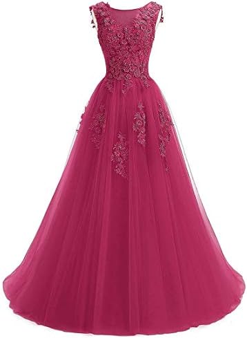 Ever Girl Women's Sweep Lace Appliques Scoop Collar Tulle A-Line Prom Dresses Rose Red US10