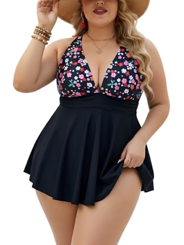 B2prity Women's One Piece Swimdress Plus Size Swimsuit Slimming Tummy Control Swim Dress Apron Belly Bathing Suit with Skirt Black Floral