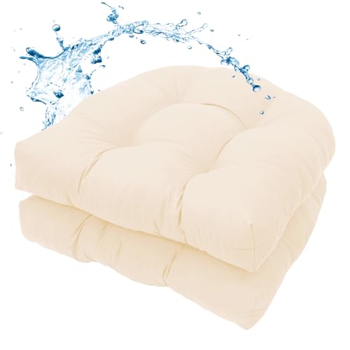 MTMR Outdoor Chair Cushions Set of 2, 19x19 Waterproof Wicker Seat Cushions for Patio Furniture, Thick Tufted Outdoor Replacement Furniture Pad for Porch Lawn Wicker Desk Dining Rocking Chair, Cream