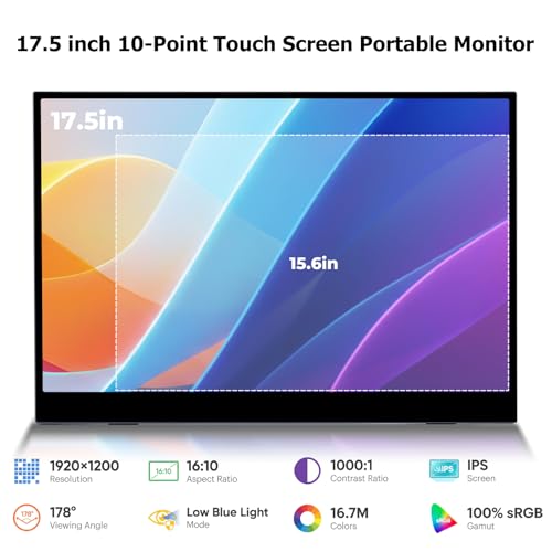 Image of 17.5 inch Portable Touchscreen Monitor, 1920x1200 IPS 16:10 Display, USB-C & HDMI Plug-and-Play, Built-in Dual Speakers, Ultra-Slim Travel Monitor for Laptop, PC, Smartphone & Game Consoles