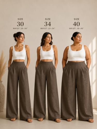 Image of Womanista Women's Relaxed Fit Pure Cotton Linen Flared Palazzo Pants for Woman | Wide Leg Casual Trouser with Pockets | Plazo pants for Women | High Waist Office & Travel Wear (Available in plus size)