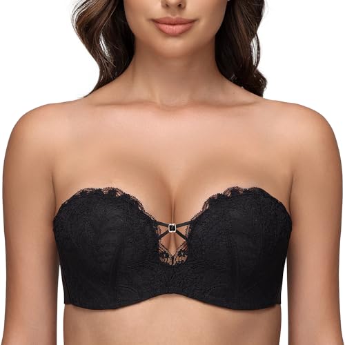 Image of Wingslove Women's Strapless Lace Bra Push Up Wirefree Bras Multi-Way Convertible Straps Padded Support Plus Size