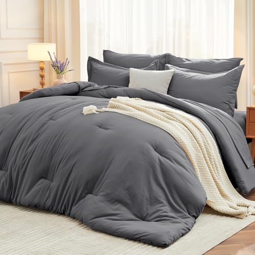 MUXHOMO 5 Pieces Twin XL Comforter Set, Soft Bed in a Bag Twin XL Size, All Season Bedding Set with Comforter, Flat Sheet, Fitted Sheet, Pillowcases & Shams, Dark Grey