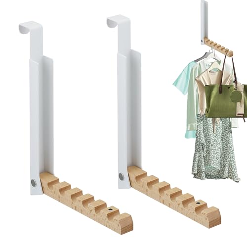 Caldamn Kleiderhaken Tür 2 Stück Kleiderhaken Klappbar mit 6 Kleiderbügel Metall & Holz Türhaken Kein Stanzen Erforderlich Weiß Türgarderobe Klappbar für Tür Schlafzimmer zum Einhängen Kleidung Hüte