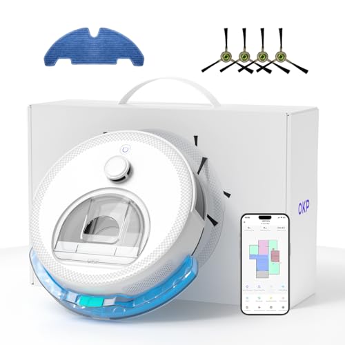 OKP LiDAR Robot Vacuum and Mop Combo, Robotic Vacuum with 450ml Visible Dustbin, Customized Cleaning, Multi-Floor Mapping, 150 Mins Runtime, WiFi/Alexa/APP Control, for Carpets and Pet Hair, White