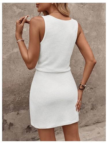 Image of RoseSeek Women's Waffle Knit Belted Tank A Line High Waisted Dresses Square Neck Sleeveless Summer Short Dress