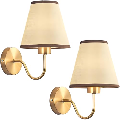 Juego de Dos Apliques de Pared Dorados, lámpara de Pared Vintage de latón E26 con Pantalla de Tela de Lino, lámpara de Noche para Dormitorio, Sala de Estar y baño, Acabado en latón (café) (Beige)
