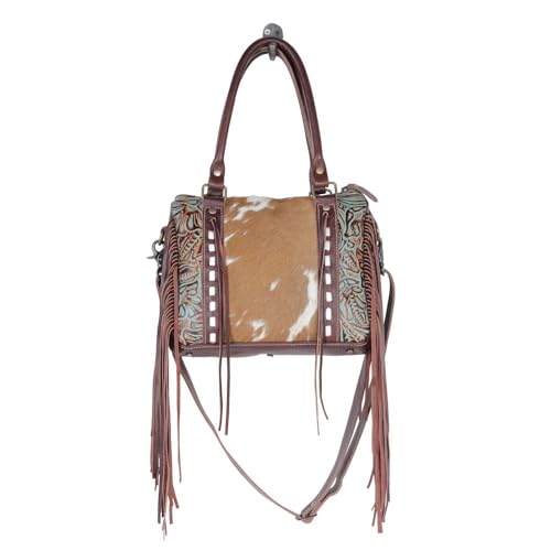 Myra Bag Maia Cowhide Purse - Western Style Hobo Handbag for Women with Azure, Brown & White Cowhide Design, Floral Tooled Accents and Fringes3