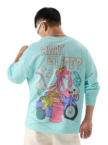 Image of The Souled Store Official Pink Panther: What is Life? Mens and Boys Oversize Fit Full Sleeves Graphic Printed Cotton Blue Color T-Shirt