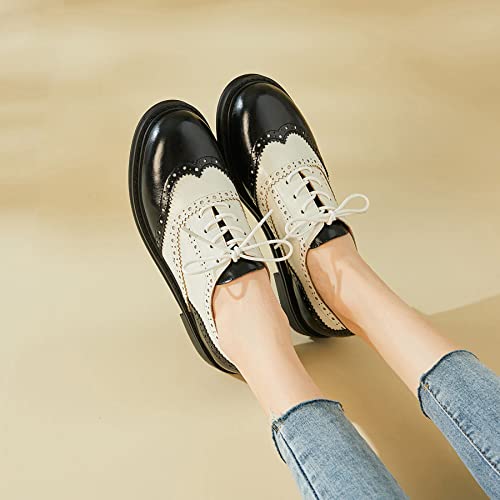 Shemee Women's Vintage Wingtip Lace Up Two Tone Oxfords Pumps Flat Low Heels Round Toe Retro Brogue Dress Shoes(Black-White, Us 7) #TOP2