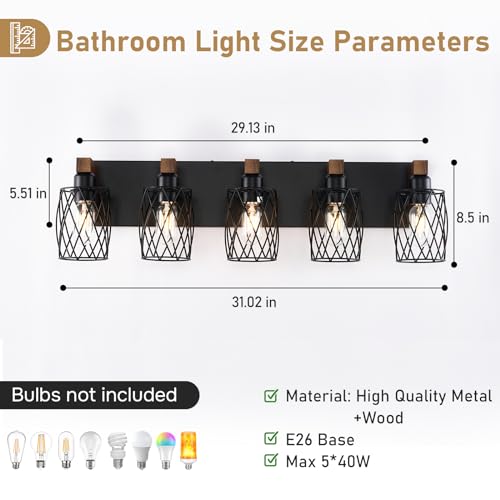 Image of 5-Light Farmhouse Bathroom Vanity Light, Wood Bathroom Lighting Fixtures Over Mirror, Black Vanity Light Fixtures with Cage Metal Shade, Rustic Bathroom Light with E26 Base