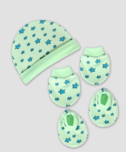 Image of MOM'S DARLING Newborn Baby Cotton Cap, Mitten and Booties Combo Set | Infant Cap | Mittens | Bootie | Kids Gloves & Socks | Baby Gift | 0-12 Months | Pack of 4 | Multicolor