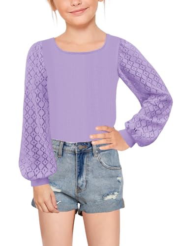 Image of Geckatte Girls Long Sleeve Shirts Square Neck Ribbed Blouse Lace Tops
