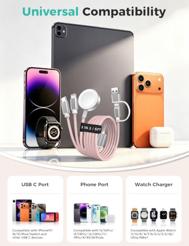 Image of 2Pack Travel Essentials,3 in 2 USB C Cable for Apple Watch Charger,iPhone Charger,Multi Charging Cable,Cruise Vacation Camping,Portable for iWatch Series 11-2 /Ultra /SE & iPhone 17-12,Car,Pink-6FT