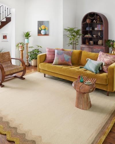 Image of Modern Irregular Shape Pattern Wool Carpet with Loop Texture Yarn Anti Shedding Carpet Size 6x9 Feet B3 Gold Multi Color
