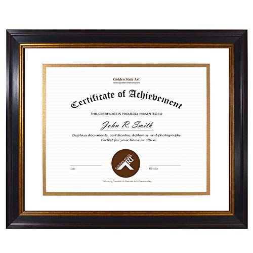 Golden State Art, 11x14 Frame for Diploma/Certificate, Sawtooth Hangers for Wall Mounting with Real Glass, Black Gold & Burgundy Molding, (White Over Gold Double Mat for 8.5x11 Diploma)