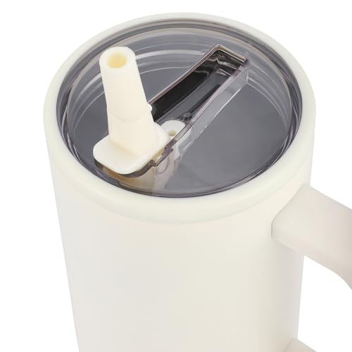Image of House of Quirk 1200ML Tumbler with Handle & Simple Flip Straw - Car Cup Holder Friendly, Leak Resistant Stainless Steel Water Bottle with Rubber Base (Cream)