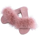 Amélie Home Women's Sexy Fashion Slide Slippers - Blush Furry Turkey Feather Open Toe Comfy Fuzzy Suede Lined House Sandals for Spring & Summer,Size 8