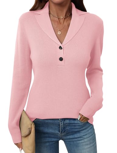 Image of LOMON Sweaters for Women 2025 Fall Knitted V-Neck Collared Button Pullover Dressy Casual Long Sleeve Polo Shirts Business