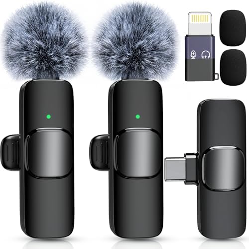 Wireless Lavalier Microphone for iPhone Android，2 Mini Lapel Micr...