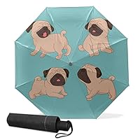 ZGONOHYE Compact Travel Umbrella Cute Pug Dogs Puppy Dog Small Folding Sun & Rain Umbrellas Windproof Mini Auto Open & Close Portable Umbrella Parasol for Women Men