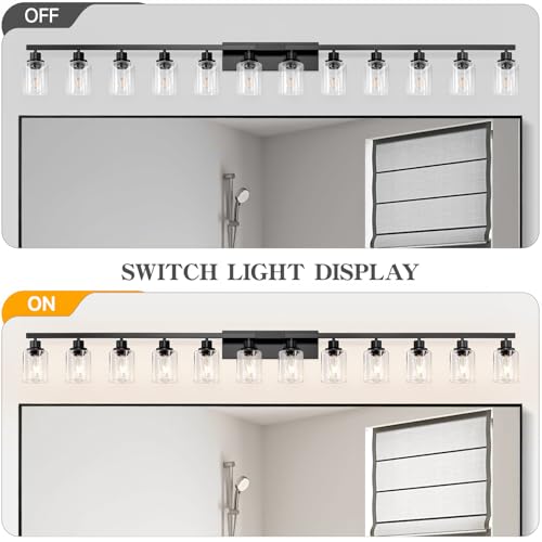Image of 12 Light Bathroom Light Fixtures, Black Bathroom Lighting Fixtures Over Mirror Matte Black Modern Vanity Lights Wall Lighting for Mirror Bedroom, Living Room (78.7inch)