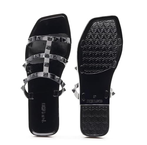 Image of Women Flats Sandals, Studded Jelly Shoes Size 9 Red Dressy Summer Beach Rivets Strappy Jellies Slide Slip On Open Toes
