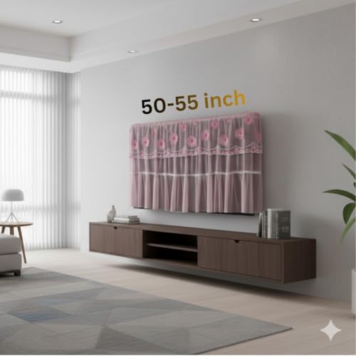 Luxury Pink Floral Lace TV Cover for 50 to 55 inch LED/LCD TVs – Dustproof Decorative Hanging Net Protector for Bedroom & Living Room