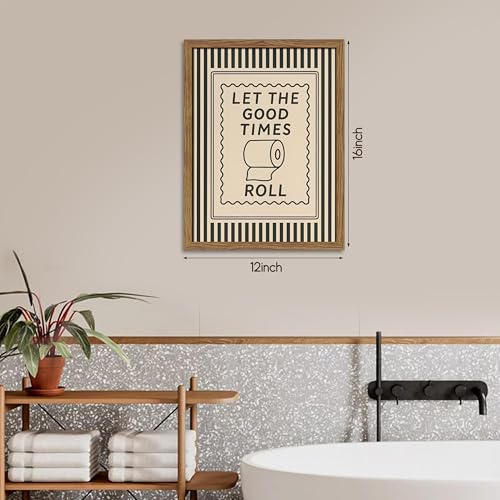 フレーム入り Let The Good Times Roll バスルームプリント、ヴィンテージ面白いトイレ引用キャンバスウォールアート、ストライプバスルーム写真ポスター、階下のトイレペインティング壁装飾 30.5x40.64cm [3]
