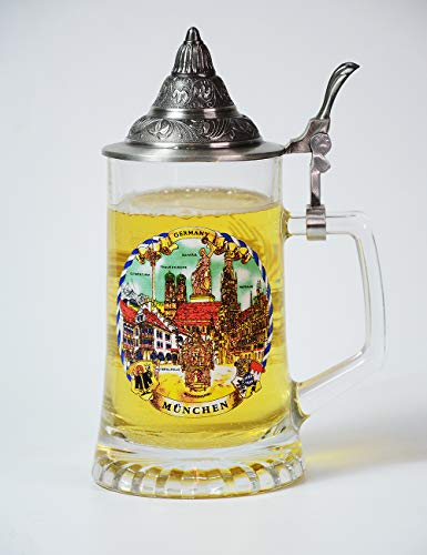 Amoy-Art Jarra de Cerveza Alemana con Estaño Tapa Hecho a Mano Regalo Souvenir Atracciones en Munich Pintados Estándar de Seguridad Alimentaria Caja de Regalo 0.45 Litre
