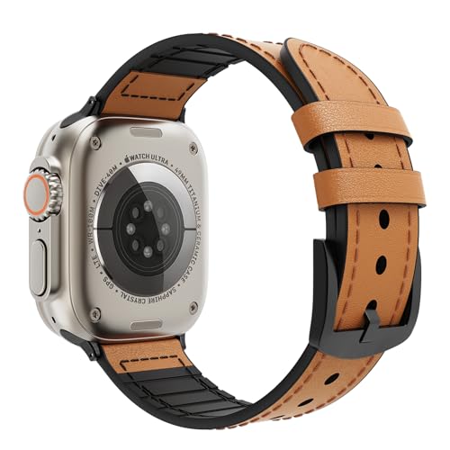 TiMOVO Correa de reloj de cuero compatible con Apple Watch Series 11/10/9/8/7/6/5/4/3/2/1, SE 3/2/1, sin huecos, 38 mm, 40 mm, 41 mm, 42 mm, correa híbrida de cuero y silicona, Braun