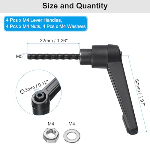 Image of uxcell 4pcs Lever Adjustable Handles M4 x 32mm Metric Male Thread with Nuts Washers, Level Clamping Handle Set Hand Stud Knobs Rotating Screw Handles Bolts with Locking Lever, Black