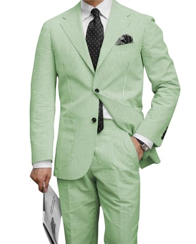Wangyue Mens Seersucker Suit 2 Piece Suits for Men Casual Summer Beach Suit Lightweight Seersucker Blazer Pants Set