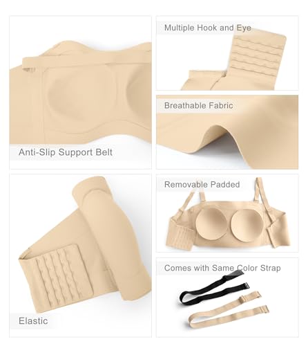 Strapless Bras for Women Non-Slip Silicone Bandeau Bra Seamless Wireless Strapless Bra Padded with 1 Pairs Straps4
