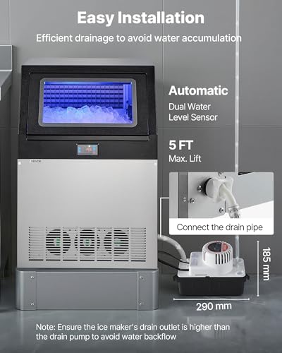 Image of VEVOR Commercial Ice Maker Machine with Pump, 265 lbs /24h with 85 lbs Storage Capacity, Built-in /Freestanding /Under Counter, Stainless Steel Ice Maker with LED Display & Self-Cleaning, for Home Bar