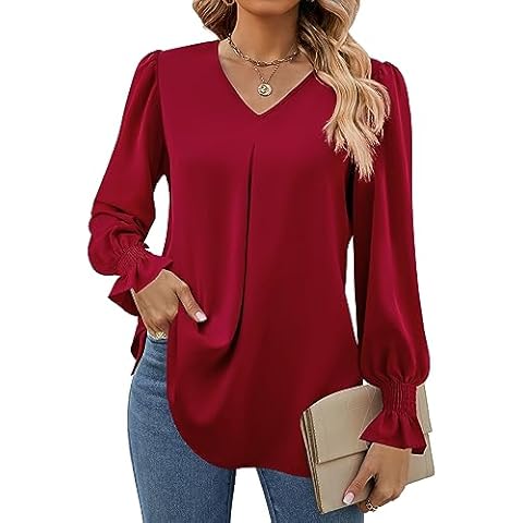 Funlingo Long Sleeve Shirts for Women Fall Work Causal V Neck Tops Cute Tunic Loose Fit Dressy Long Blouse para Mujer Clothes Wine Red Plus 2XL Cover